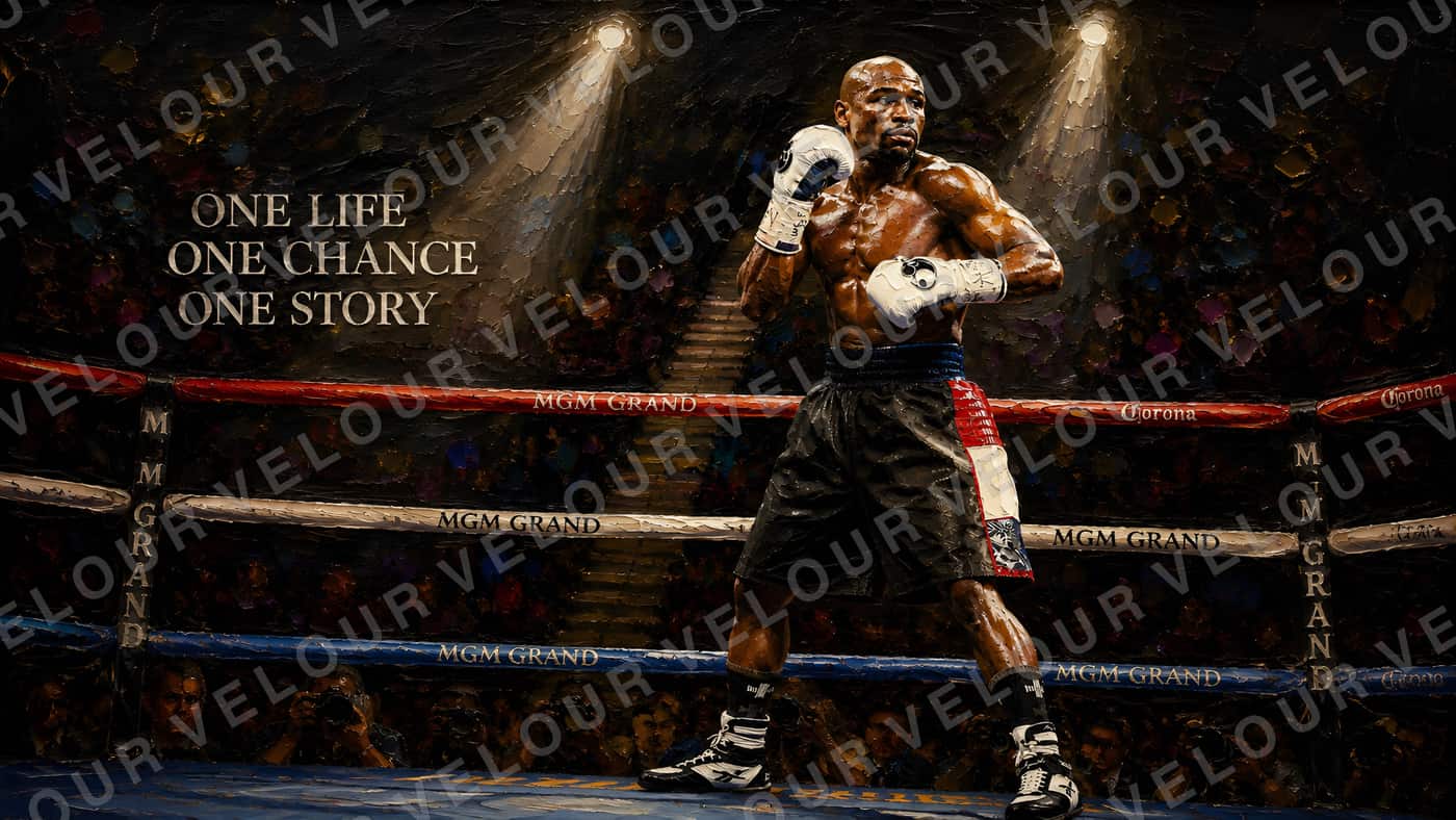 Artwork, painted look: a boxer alone under the ring lights, carrying the lines “One life, one chance, one story”.