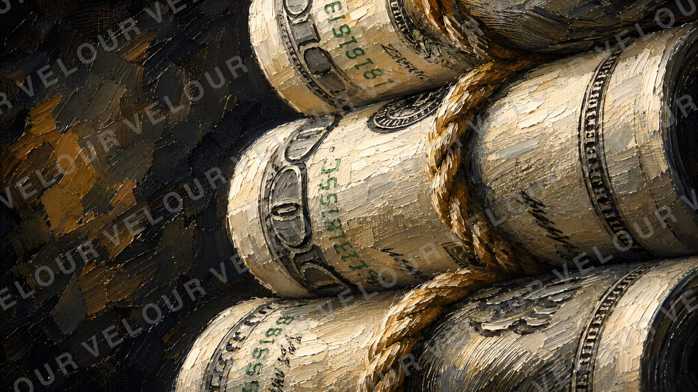 Artwork, painted look, close up: rolled bundles of dollar bills bound with rope.