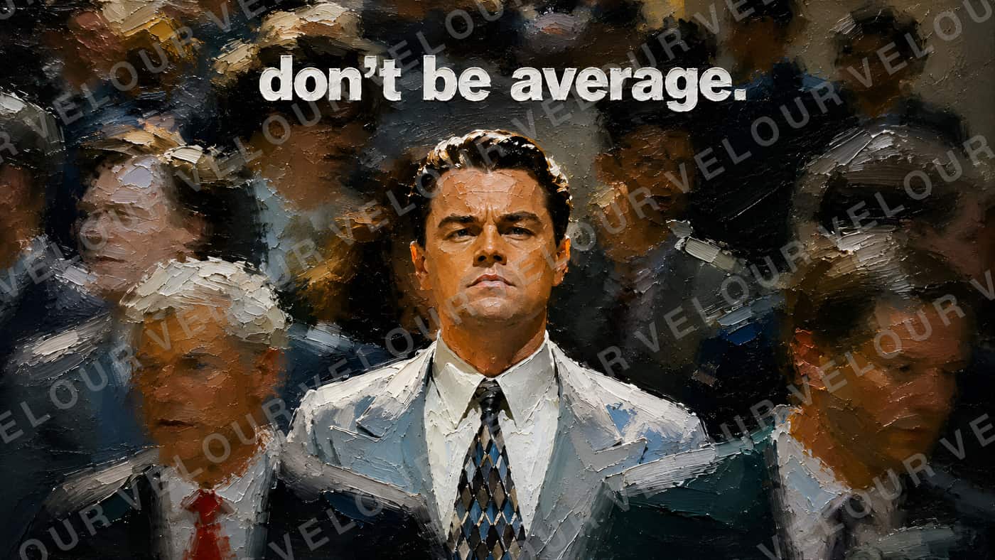 Artwork, painted look: one man in a suit sharp in a blurred crowd of suits, above him the line “don't be average.”