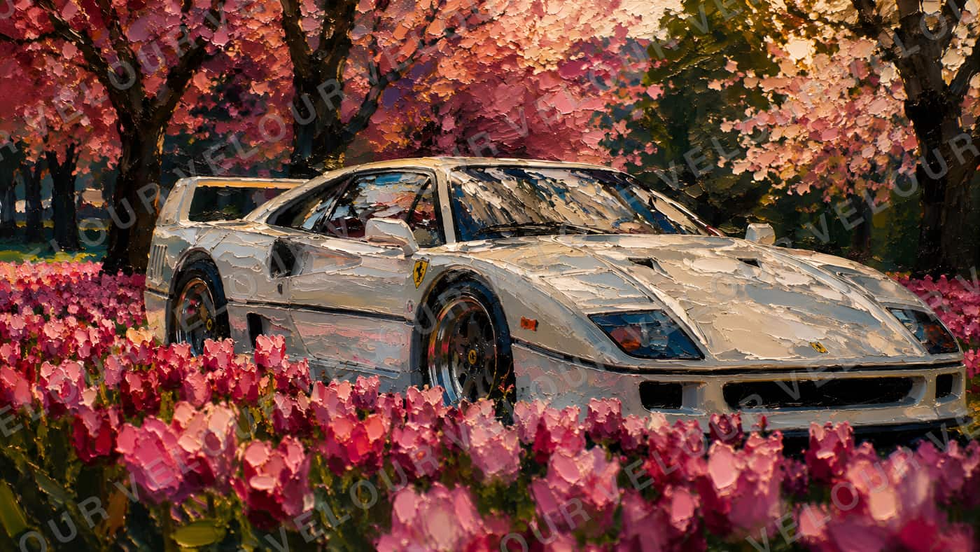 Artwork, painted look: a wedge-shaped eighties sports car parked among cherry blossom in full bloom.