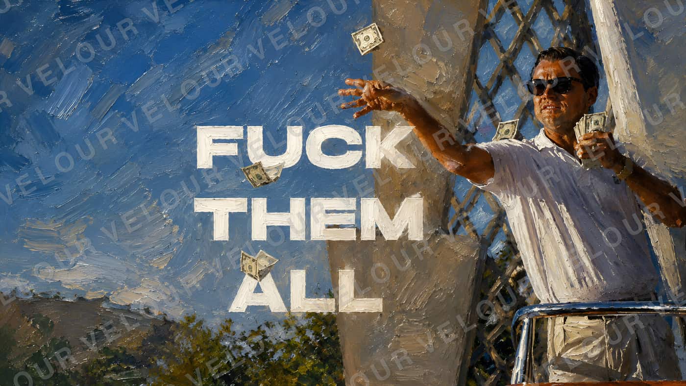 Artwork, painted look: a man throwing banknotes off a balcony into a blue afternoon, beside him the line “Fuck them all”.