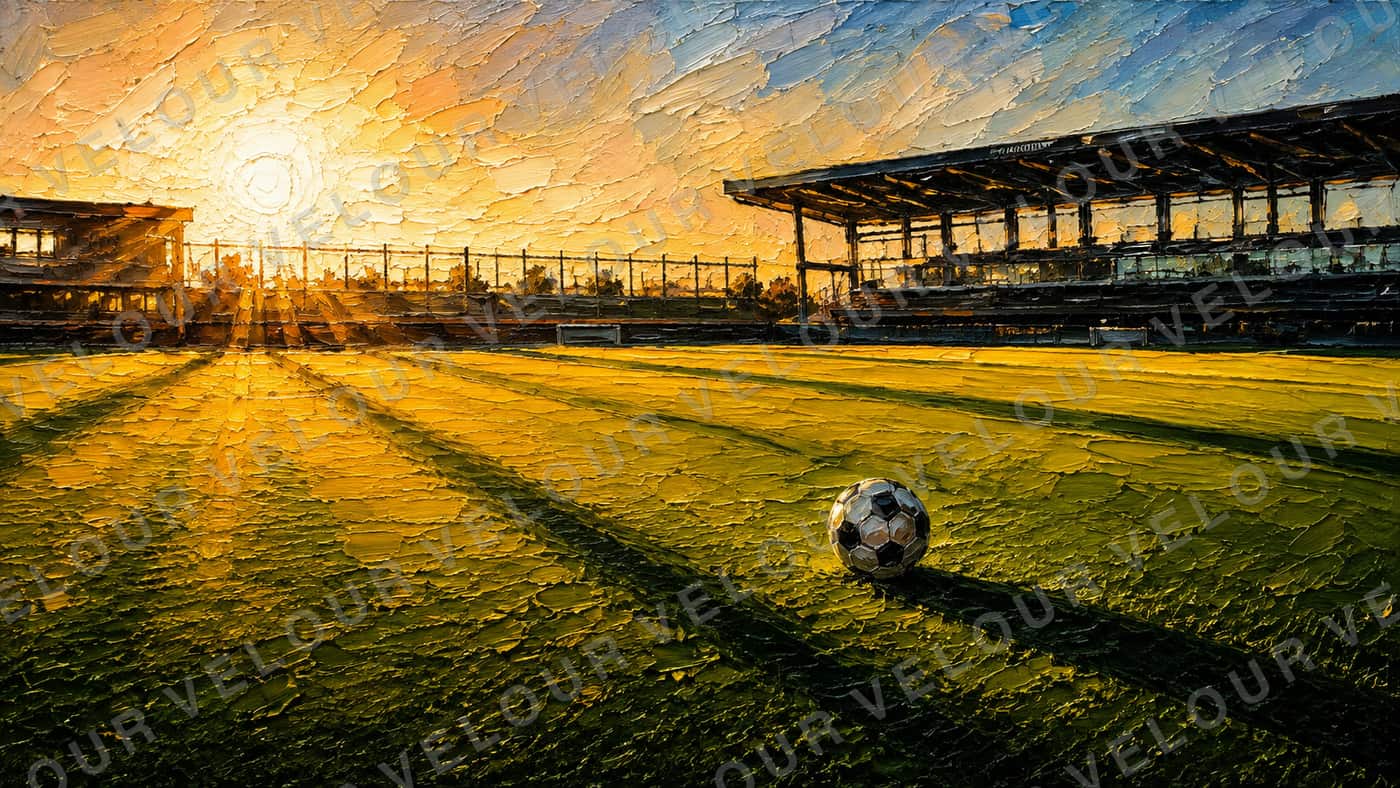 Artwork, painted look: an empty football pitch with a single ball, long shadows, the sun low behind the stand.