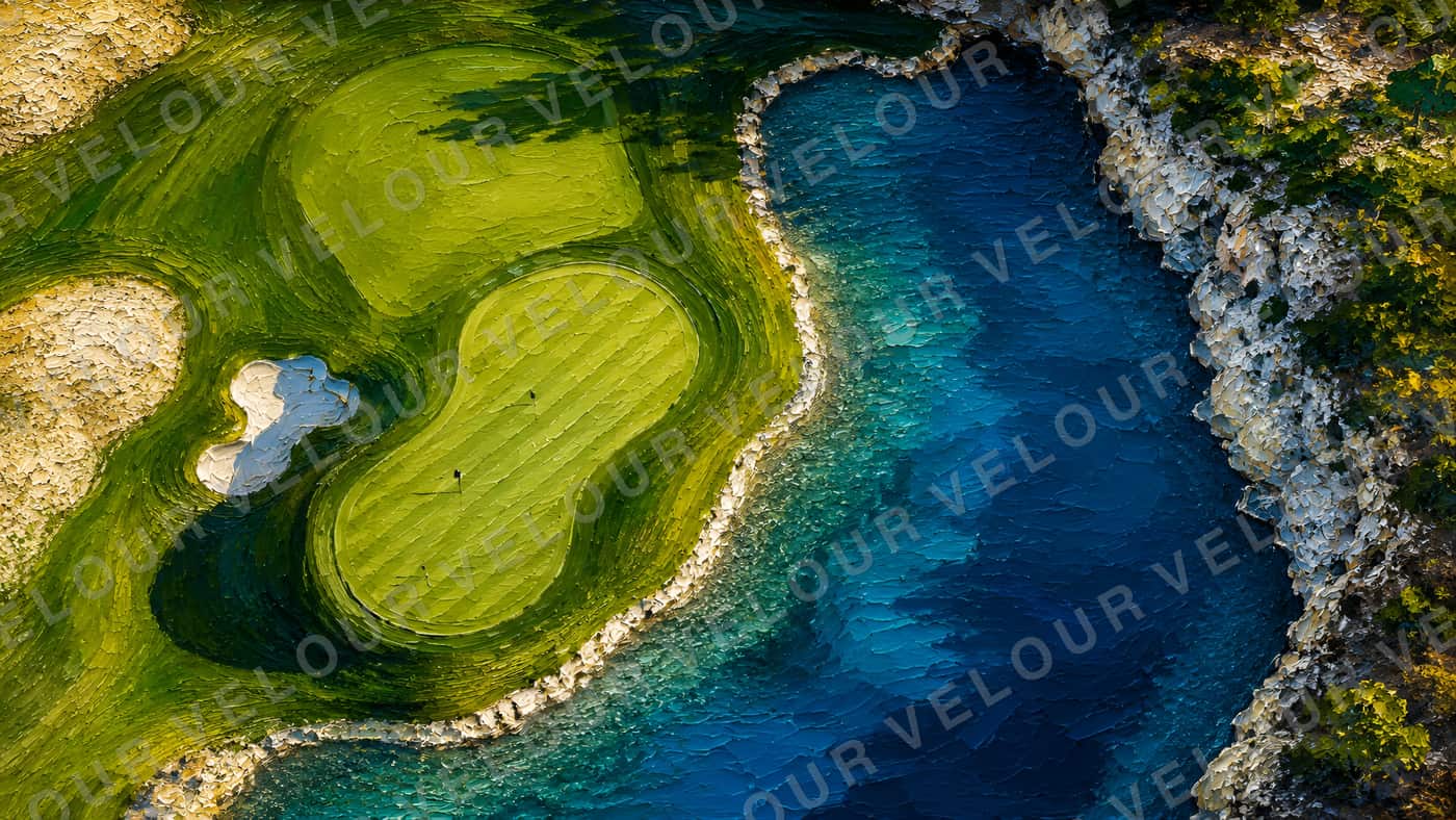 Artwork, aerial view: a golf green cut into a cliff edge, turquoise sea breaking against the rock below.