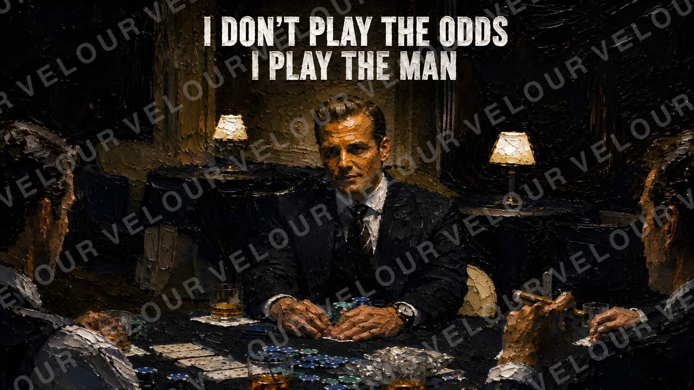 Artwork, painted look: a man at a poker table between two blurred opponents, above him the line “I don't play the odds, I play the man”.