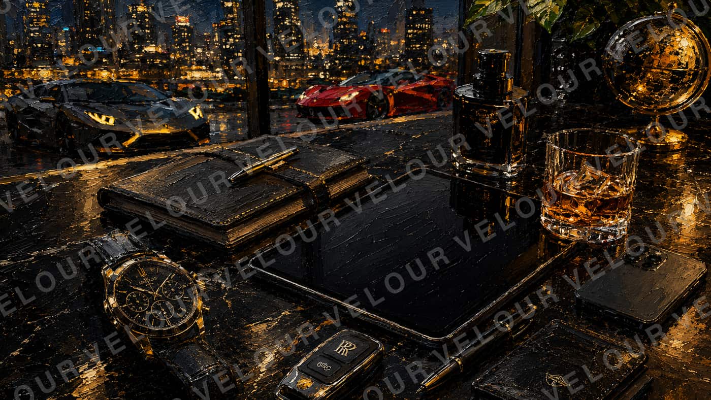 Artwork, painted look: a dark desk at night with a chronograph, a whiskey glass and a phone, sports cars and the city behind the glass.