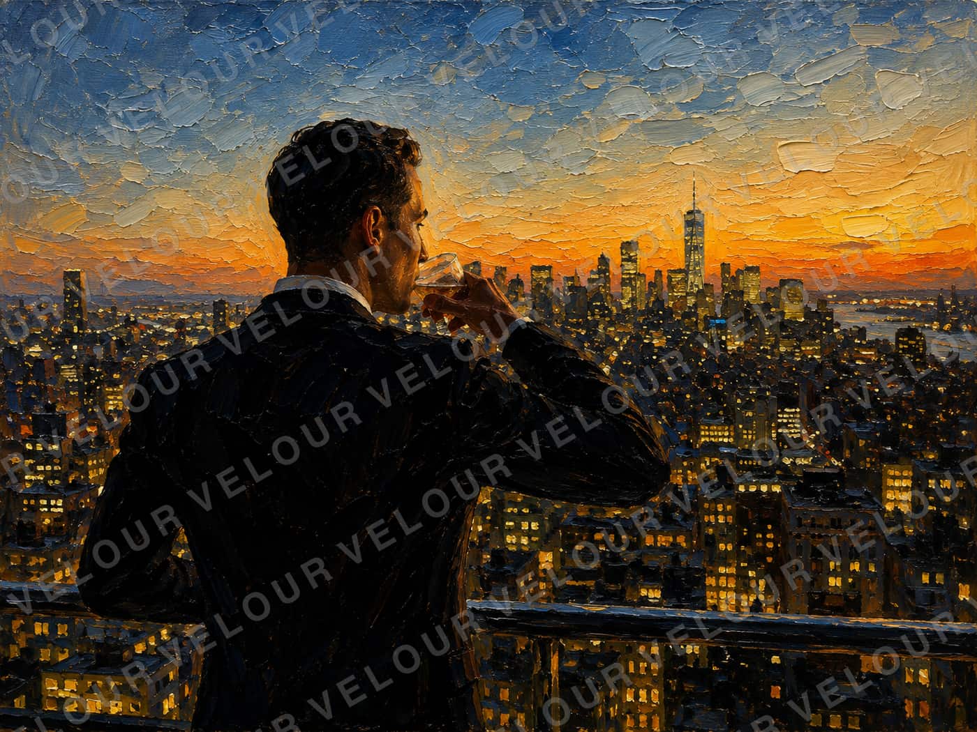 Artwork, painted look: a man seen from behind with a glass in his hand, looking over the New York skyline at dusk.