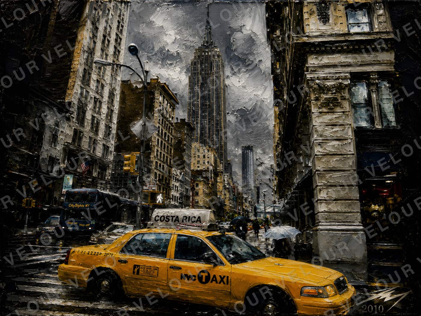 Artwork, painted look: a yellow cab pulling through a wet Midtown street, the Empire State Building in the haze behind it.