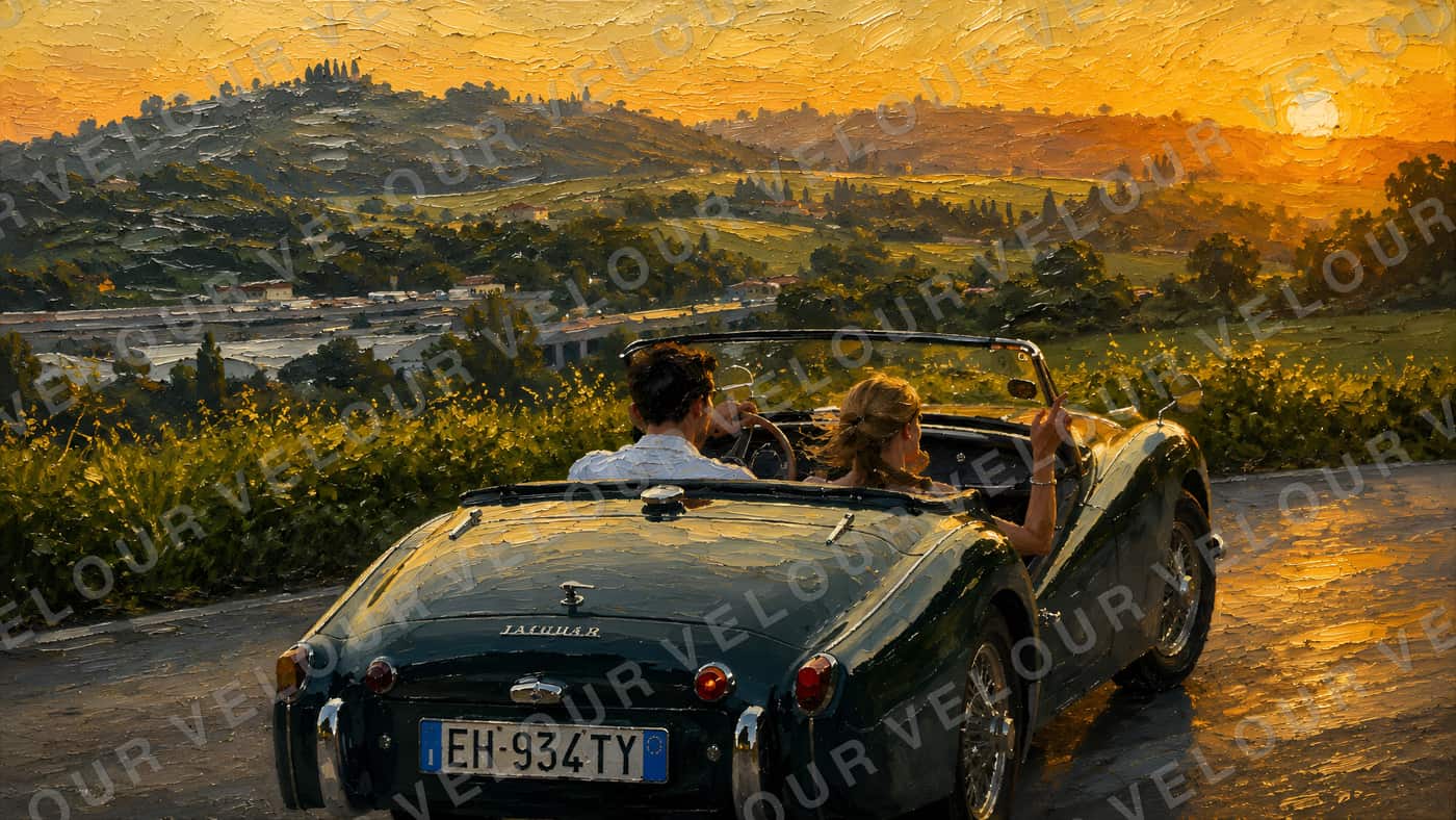 Artwork, painted look: two people in an open vintage roadster on a hillside road, Tuscan valley in golden evening light.