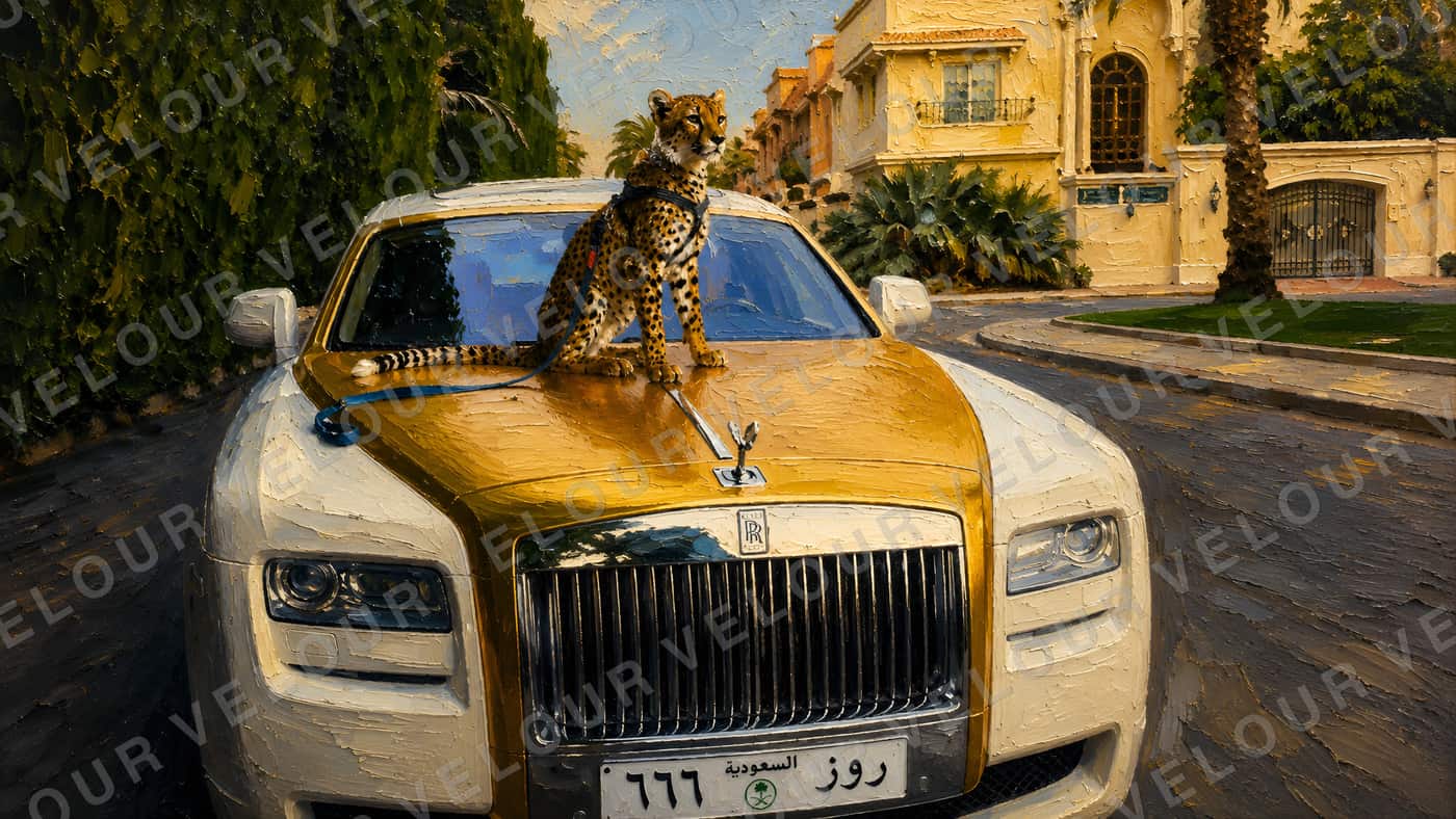 Artwork, painted look: a cheetah sitting on the bonnet of a white and gold luxury saloon in front of a villa.