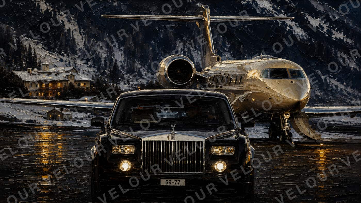 Artwork, painted look: a black luxury saloon on a snowed-in alpine apron, a private jet waiting behind it.