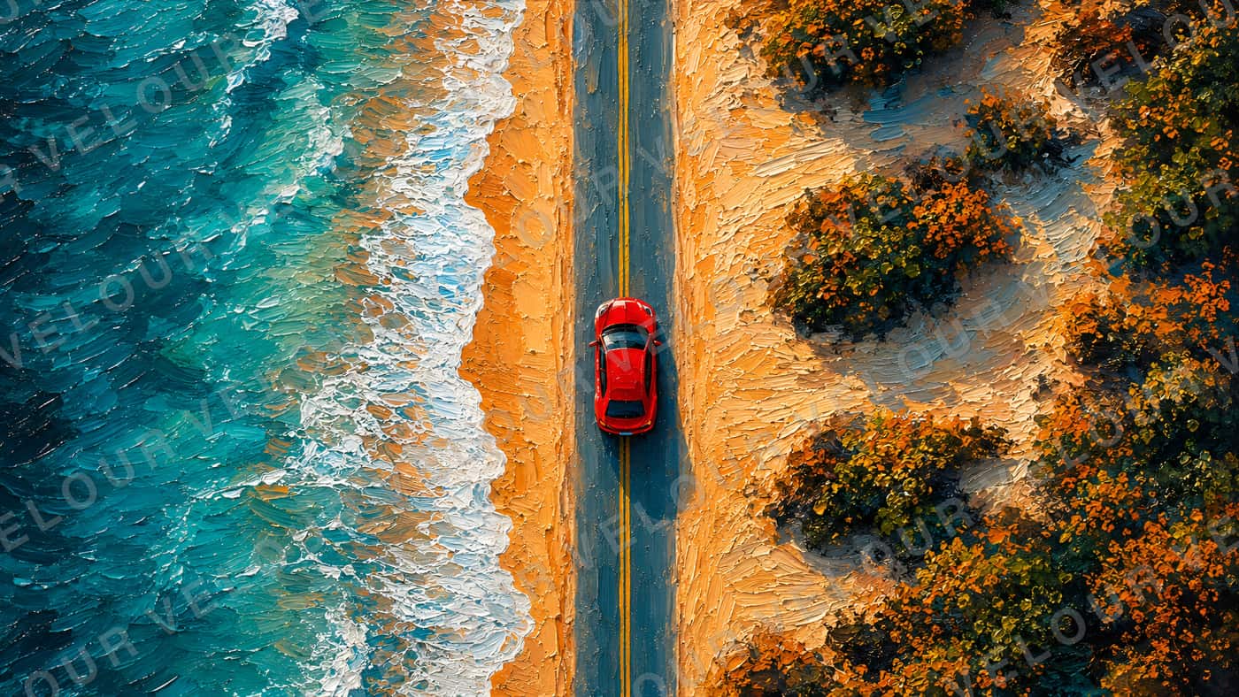 Artwork, aerial view: a red car alone on a coastal road, turquoise surf on one side, autumn trees on the other.