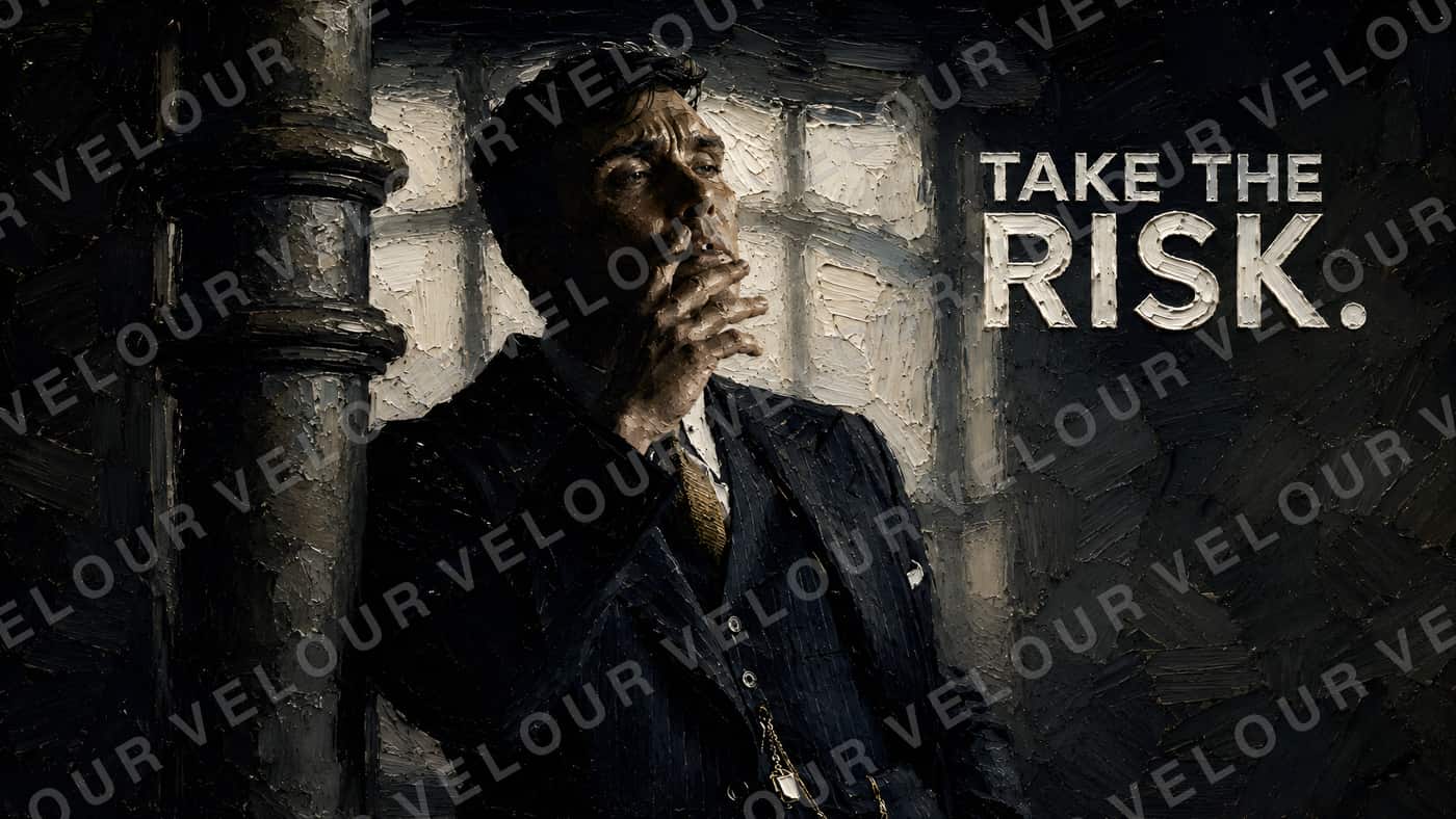 Artwork, painted look: a man in a heavy coat lighting a cigarette at a barred window, beside him the line “Take the risk.”