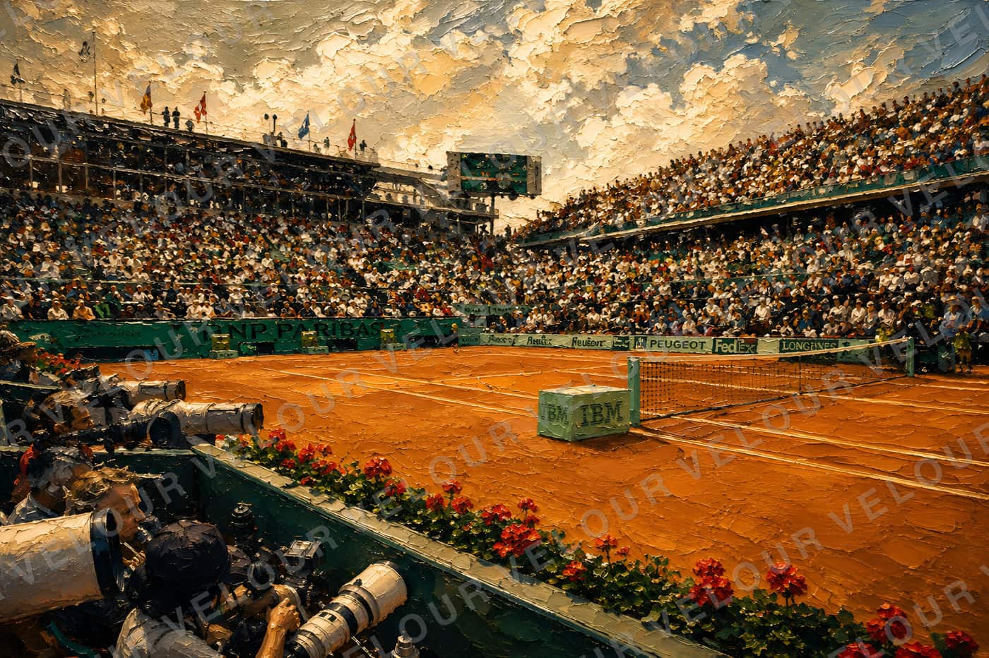 Artwork, painted look: a red clay tennis court in a full stadium, photographers lined up along the baseline.