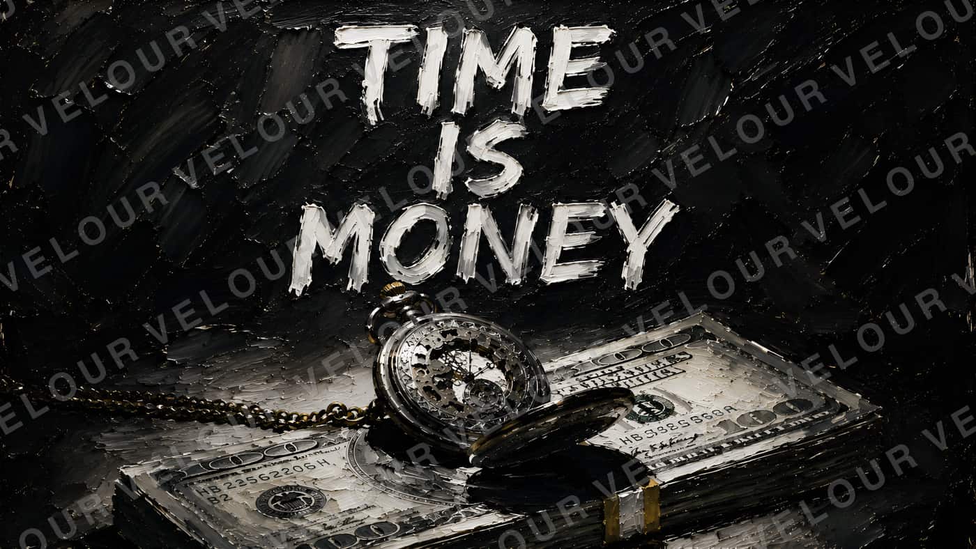 Artwork, dark, painted look: a pocket watch lying on a stack of banknotes under the line “Time is money”.