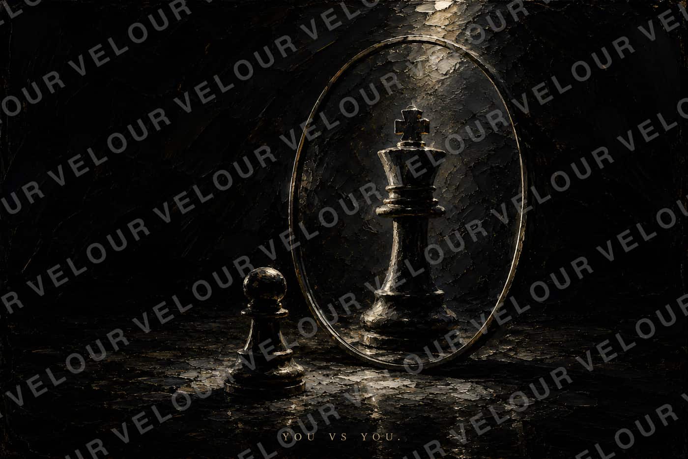 Artwork, dark, painted look: a pawn in front of a mirror that reflects it back as a king, the line “You vs you” beneath.