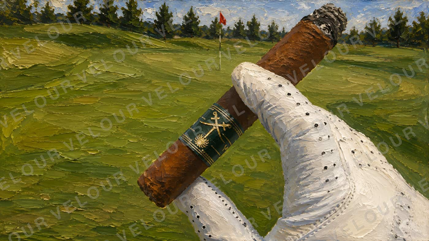 Artwork, painted look: a gloved hand holding a lit cigar, the fairway and a distant flag behind it.