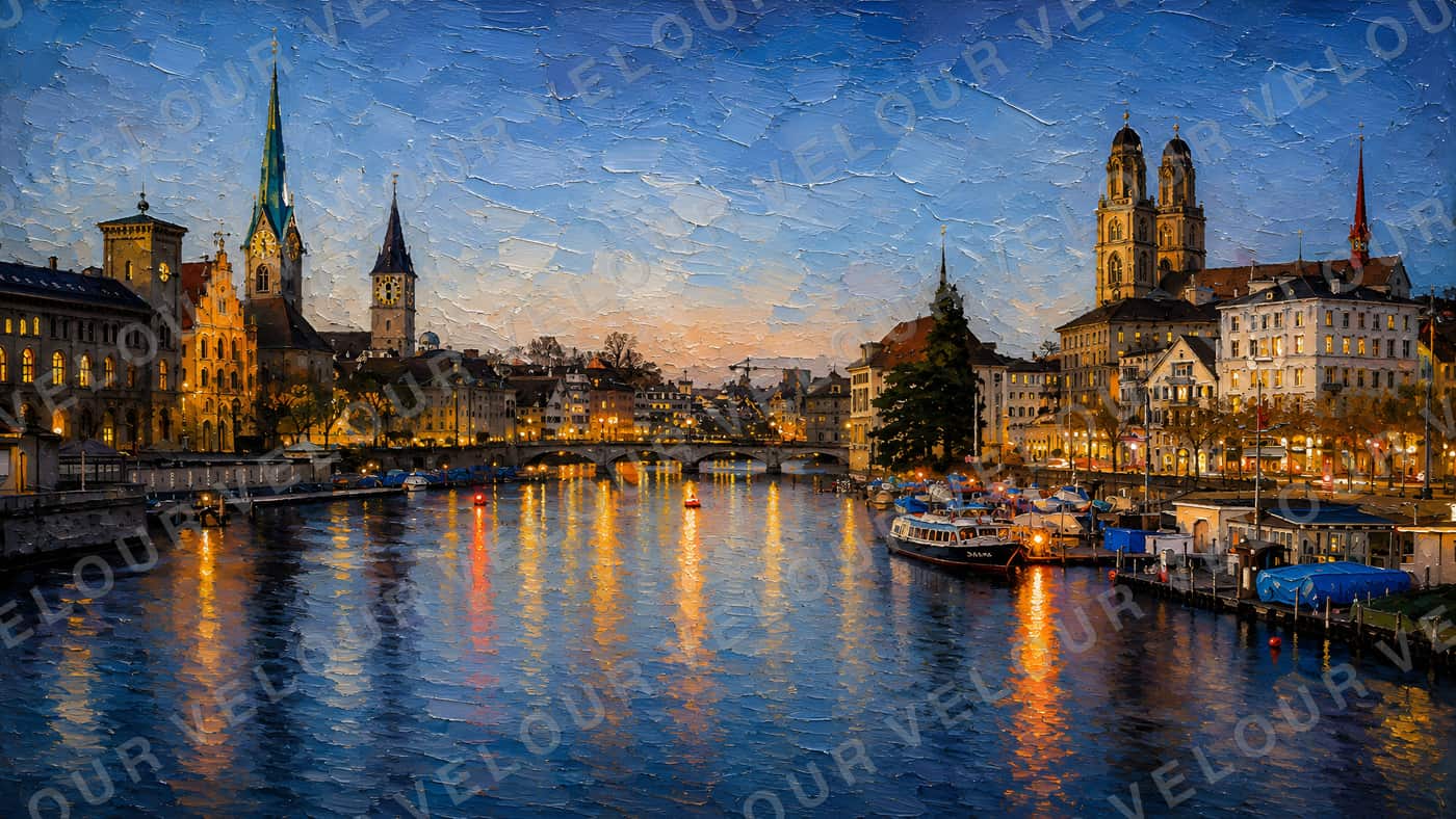 Artwork, painted look: the Limmat in Zurich at dusk, the old town towers and their lights reflected in the water.