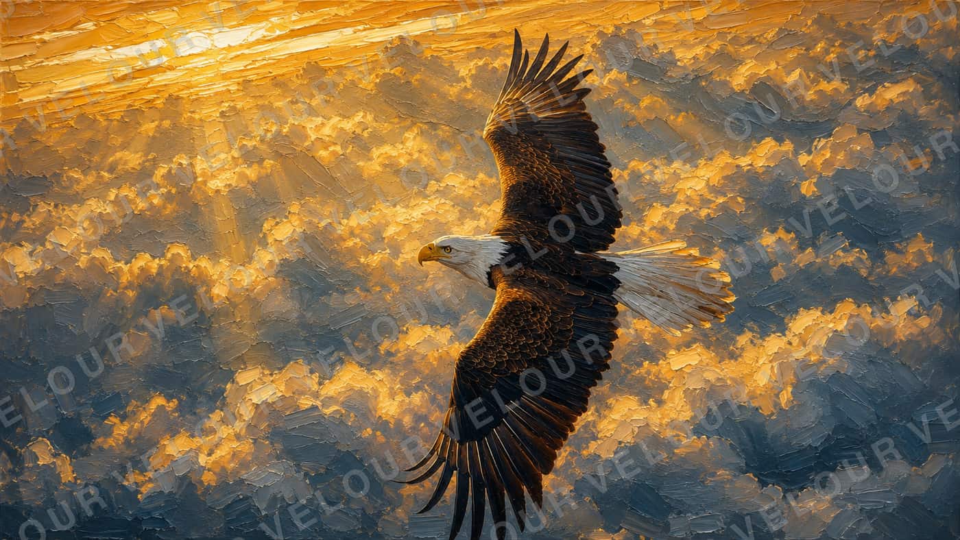 Artwork, painted look: an eagle gliding over a floor of cloud lit gold by the rising sun.