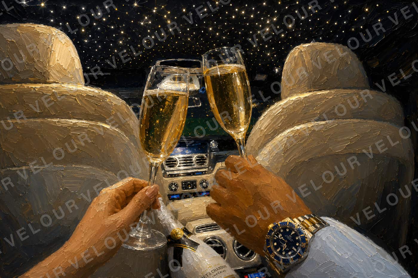 Artwork, painted look: two champagne glasses meeting inside a car, the headliner above them full of small lights.