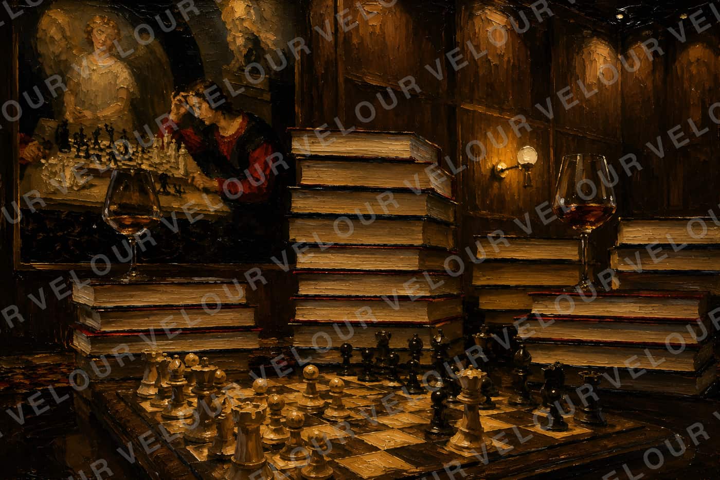 Artwork, painted look: a chess game mid-play in a dark library, stacked books and a glass of cognac beside the board.