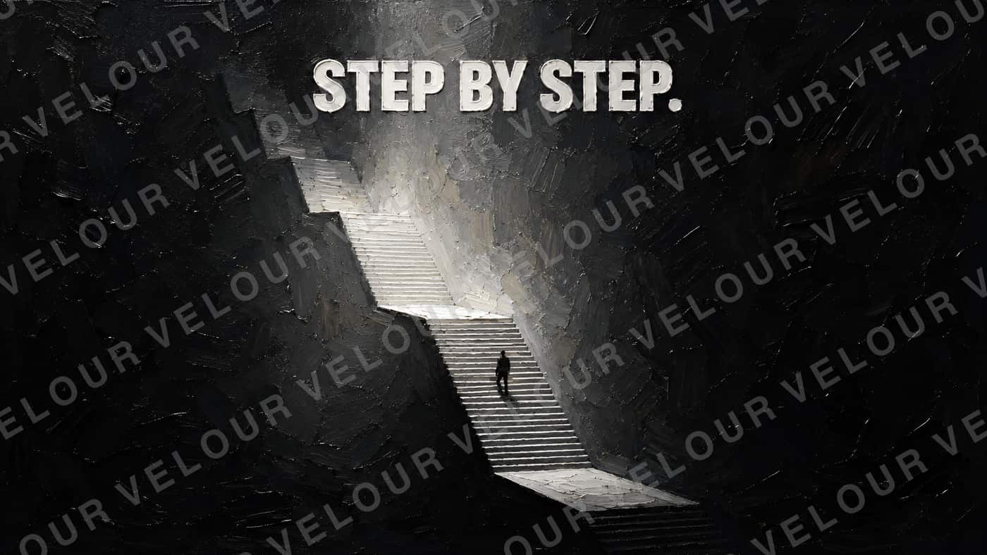 Artwork, black and white, painted look: a single figure climbing an oversized staircase out of the dark, above it the line “Step by step.”