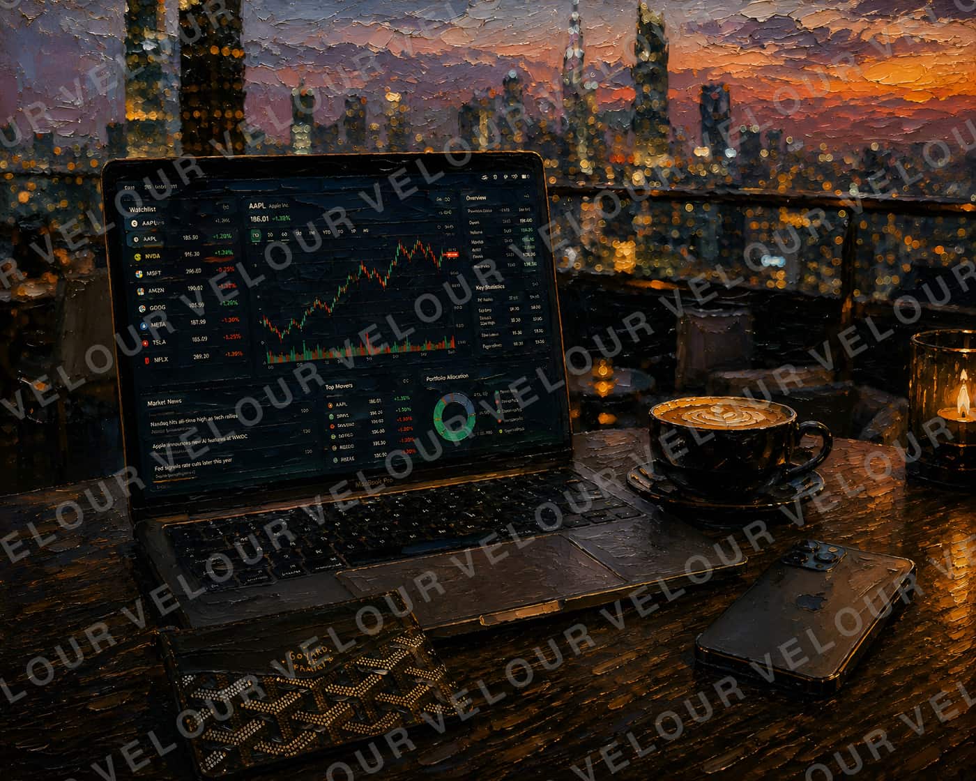 Artwork, painted look: a laptop showing trading charts on a rooftop table, coffee beside it, the city skyline burning out behind.